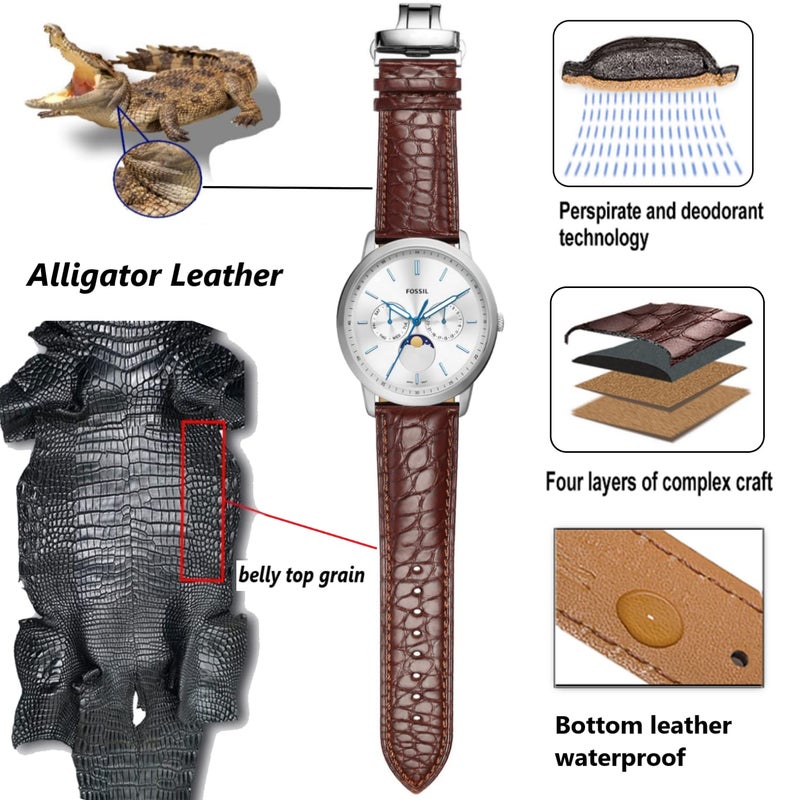 MORANO Moran Genuine Leather Band Alligator and Cowhide Replacement Deployment Buckle Watch strap18mm to 24mm Crocodile Leather Strap for Men's and Women's - Image 5